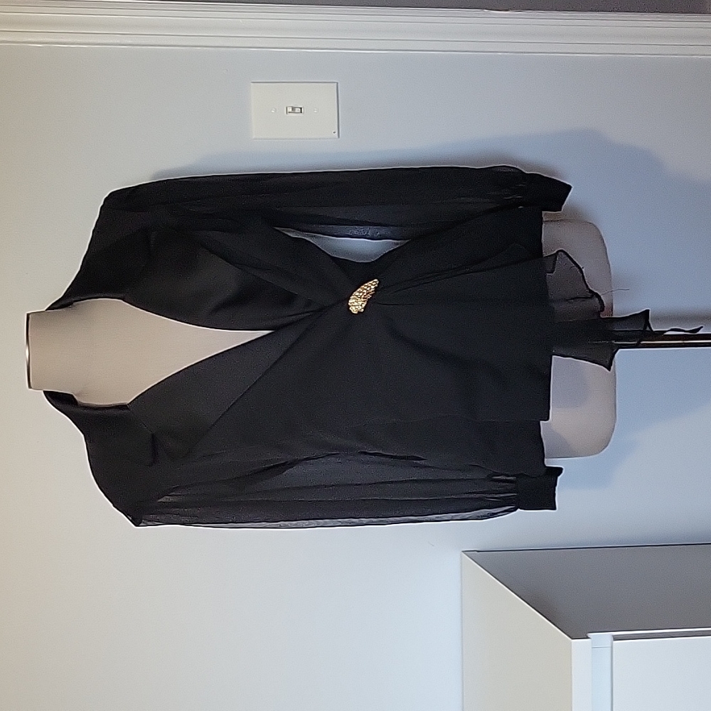 Vintage Alex Evenings Black Sheer Chiffon Long Sleeve Wrap Blazer Jacket Size 6
